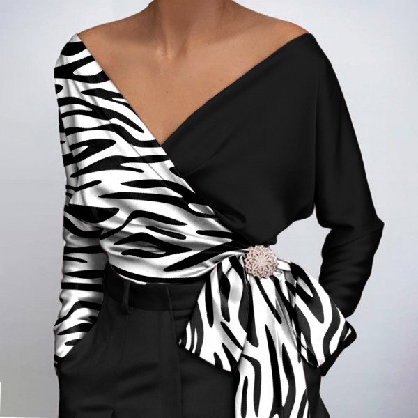 Women's V-neck black and white tops HE1404-04-04 Women's V-neck black and white tops HE1404-04-04