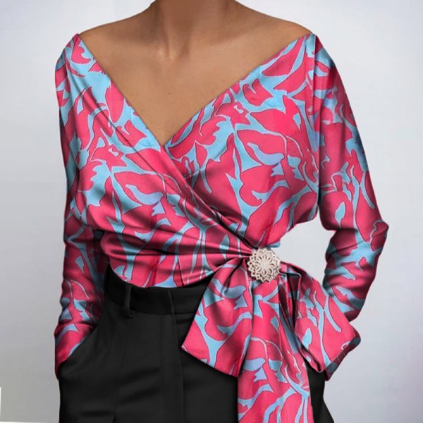 women shirt Satin Blouse Print Blouses Sexy Belt Top Elegant HF2813-02-01 women shirt Satin Blouse Print Blouses Sexy Belt Top Elegant HF2813-02-01