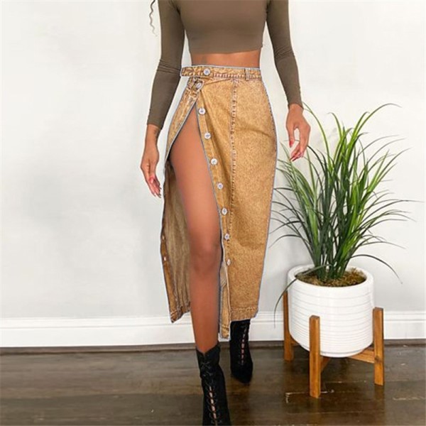 Idle denim skirt with a slit and buttocks wrapped skirt HF3210-04-04 Idle denim skirt with a slit and buttocks wrapped skirt HF3210-04-04