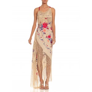 MORPHEW COLLECTION Beige Bias Cut Fringed Dress Made From 1920S Hand-Embroidered Silk