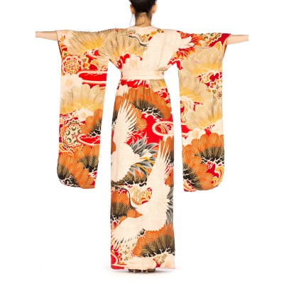 MORPHEW COLLECTION Hand Painted Silk Wrap Dress Made From An Antique 1920S Japanese Kimono