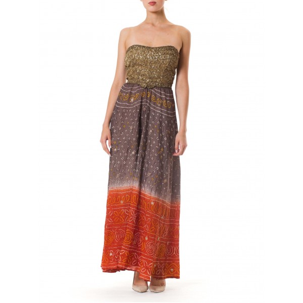 MORPHEW COLLECTION Hand Dyed Shibori Silk & Metalilc Gold Indian Embroidered Strapless Gown